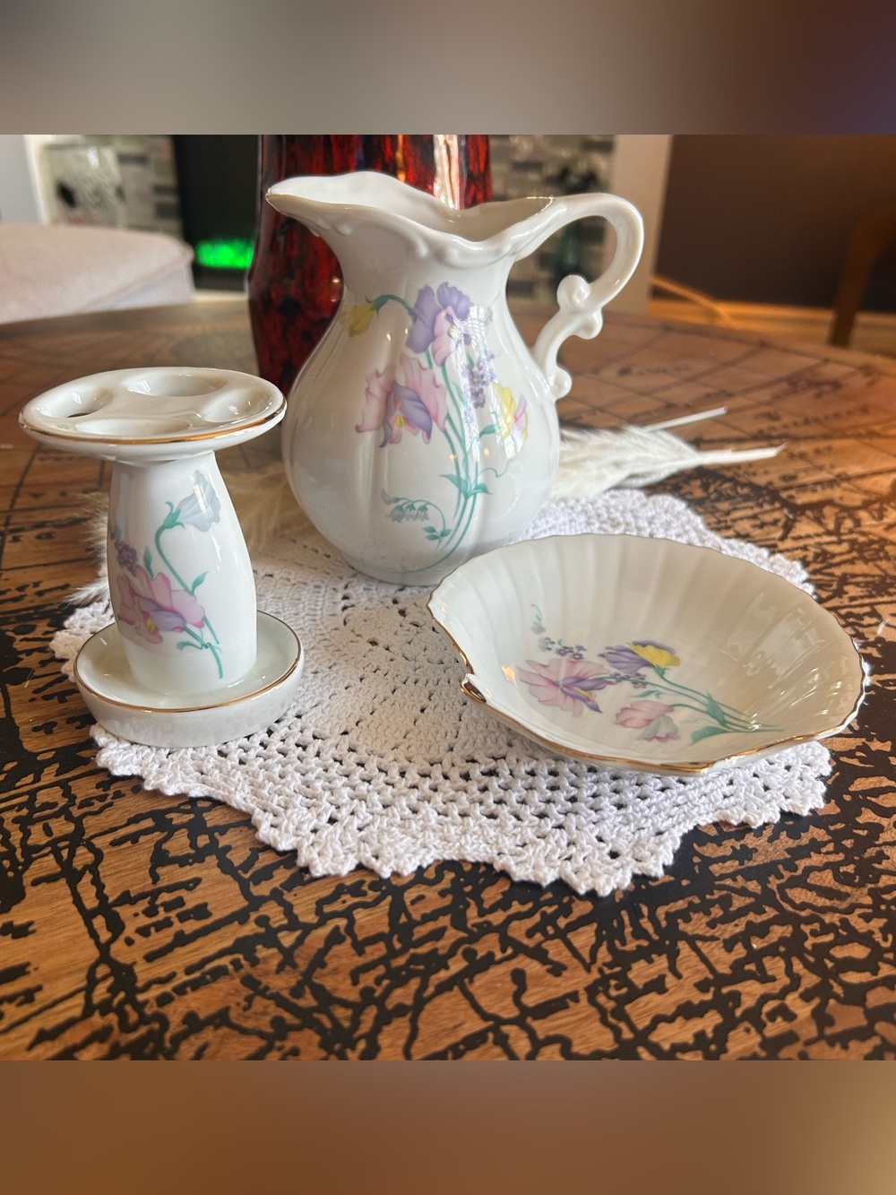 Vintage Japan Porcelain Bathroom Vanity Set | Floral Pitcher Soap Dish holder
